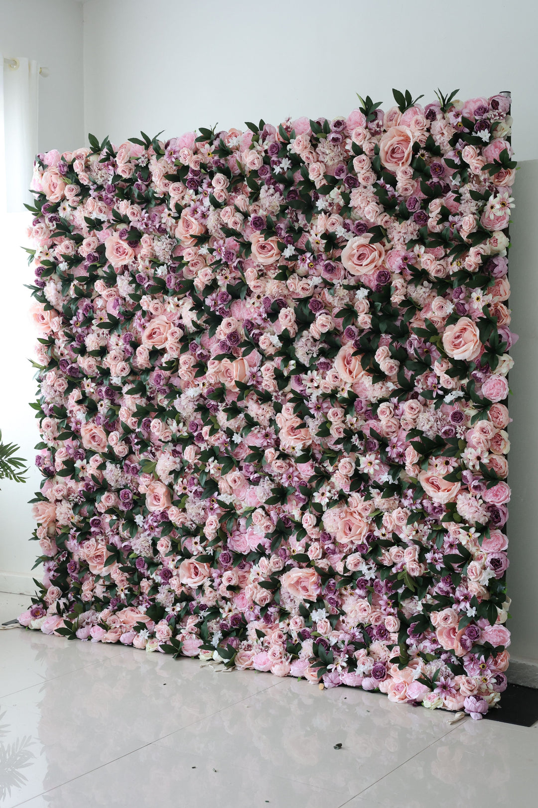 Pink And Purple Roses And Green Leaves, Artificial Flower Wall, Wedding Party Backdrop