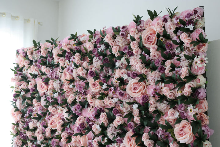 Pink And Purple Roses And Green Leaves, Artificial Flower Wall, Wedding Party Backdrop