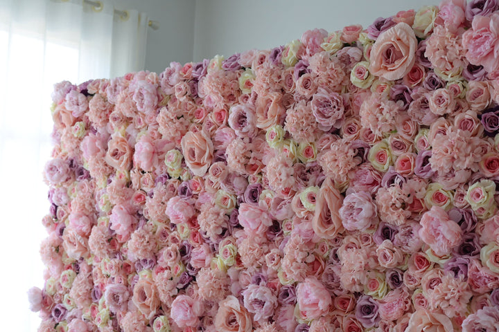 Pink And Purple Roses And Pink Hydrangeas, Artificial Flower Wall Backdrop