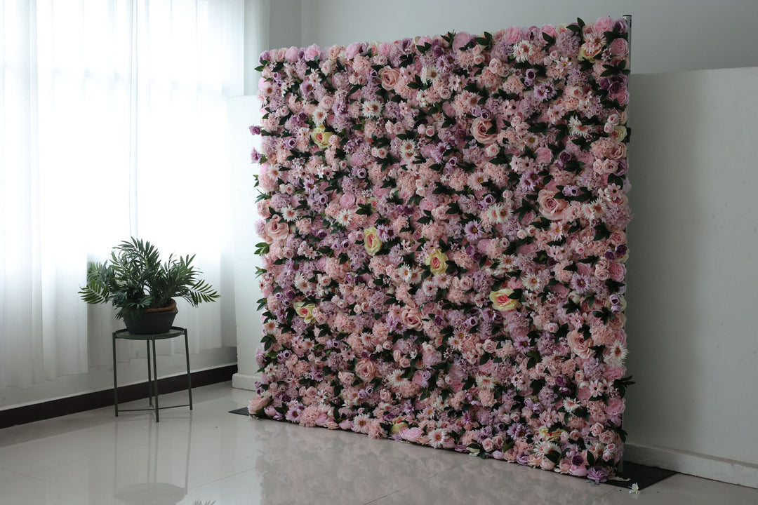 Pink Mixed Flowers And Green Leaves, Artificial Flower Wall, Wedding Party Backdrop