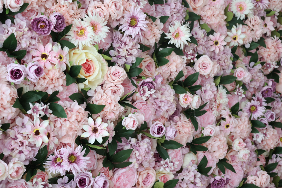 Pink Mixed Flowers And Green Leaves, Artificial Flower Wall, Wedding Party Backdrop