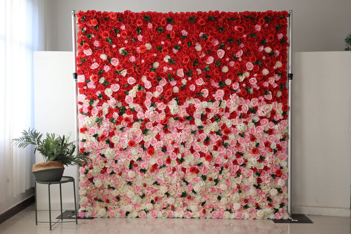 Pink Red Light Yellow Roses And Green Leaves, Artificial Flower Wall Backdrop