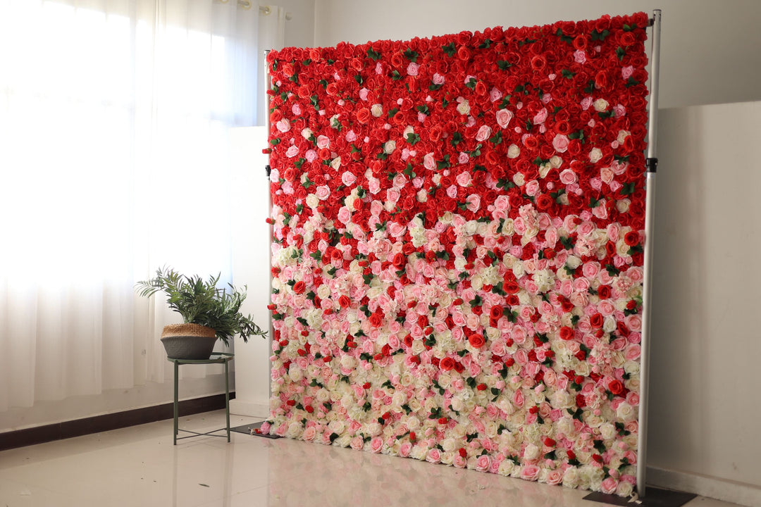 Pink Red Light Yellow Roses And Green Leaves, Artificial Flower Wall Backdrop