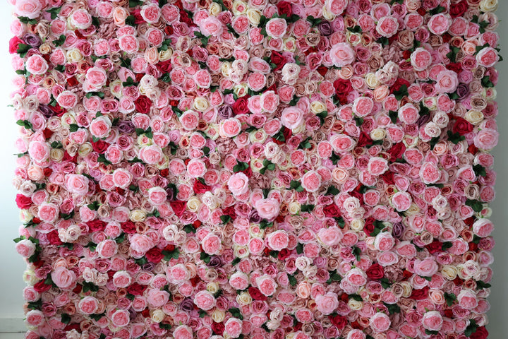 Pink Roses And Peonies And Green Leaves, Artificial Flower Wall Backdrop