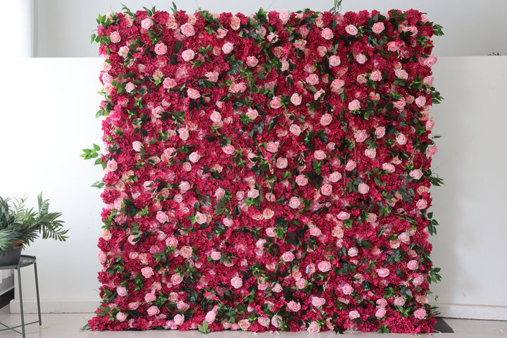 Pink Roses And Rosy Hydrangeas And Green Leaves, Artificial Flower Wall Backdrop