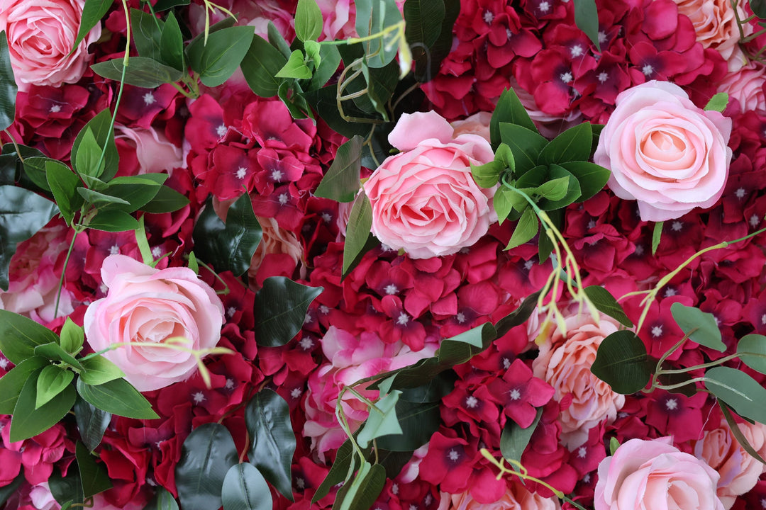 Pink Roses And Rosy Hydrangeas And Green Leaves, Artificial Flower Wall Backdrop