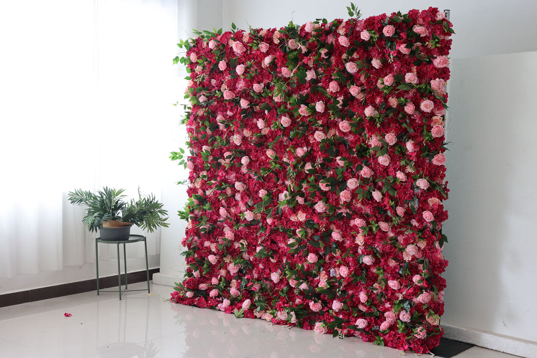 Pink Roses And Rosy Hydrangeas And Green Leaves, Artificial Flower Wall Backdrop