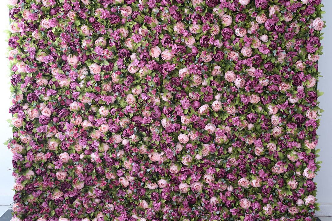 Purple And Pink Peony Flowers And Green Leaves, Artificial Flower Wall Backdrop