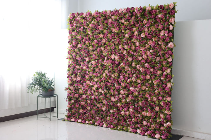 Purple And Pink Peony Flowers And Green Leaves, Artificial Flower Wall Backdrop