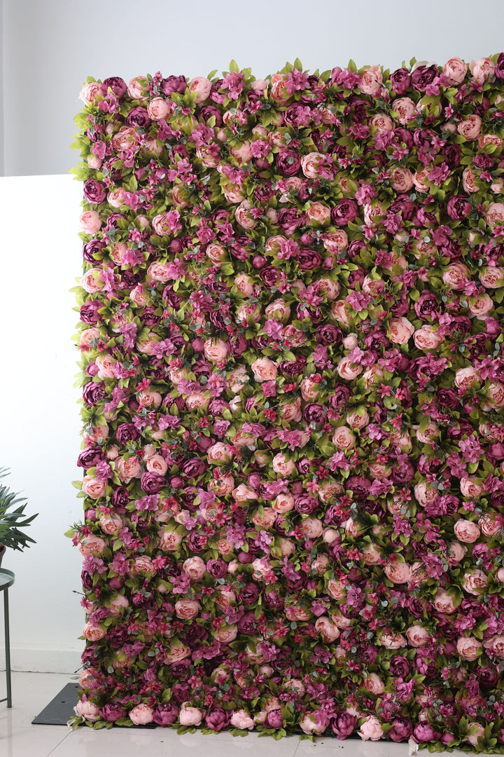 Purple And Pink Peony Flowers And Green Leaves, Artificial Flower Wall Backdrop