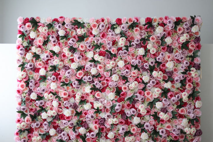 Purple And Pink Roses And Green Leaves, Artificial Flower Wall, Wedding Party Backdrop