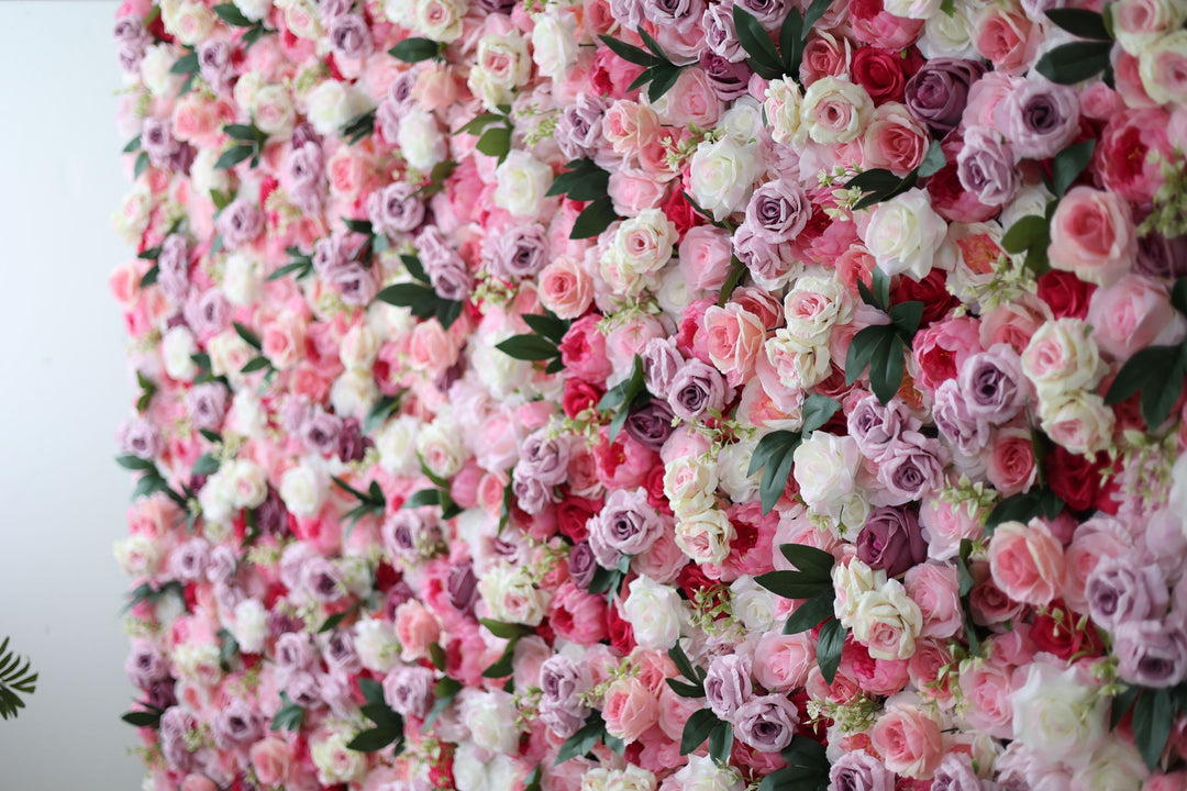 Purple And Pink Roses And Green Leaves, Artificial Flower Wall, Wedding Party Backdrop