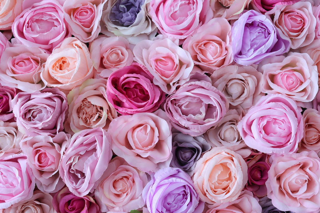 Purple And Rose Roses And Pink Roses And Peonies, Artificial Flower Wall Backdrop