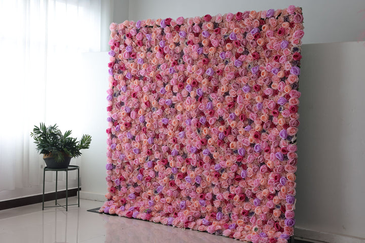 Purple And Rose Roses And Pink Roses And Peonies, Artificial Flower Wall Backdrop