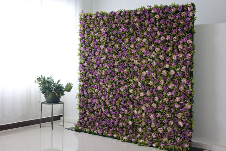 Purple Roses And Green Leaves, Artificial Flower Wall, Wedding Party Backdrop