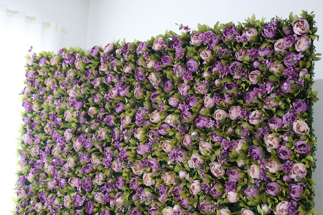 Purple Roses And Green Leaves, Artificial Flower Wall, Wedding Party Backdrop