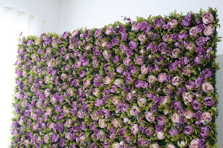 Purple Roses And Green Leaves, Artificial Flower Wall, Wedding Party Backdrop