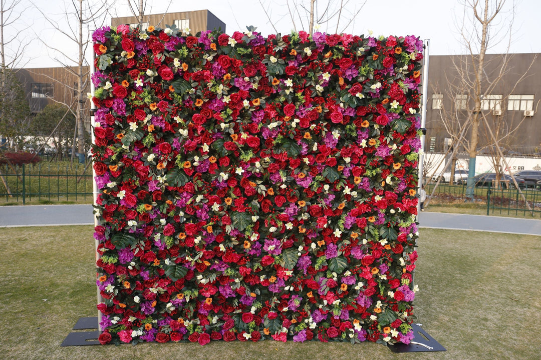 Red Rose And Green Leaf, Artificial Flower Wall, Wedding Party Backdrop