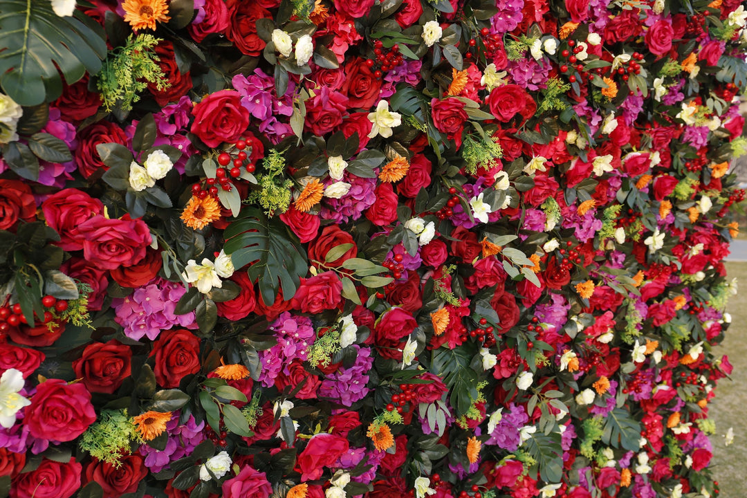 Red Rose And Green Leaf, Artificial Flower Wall, Wedding Party Backdrop