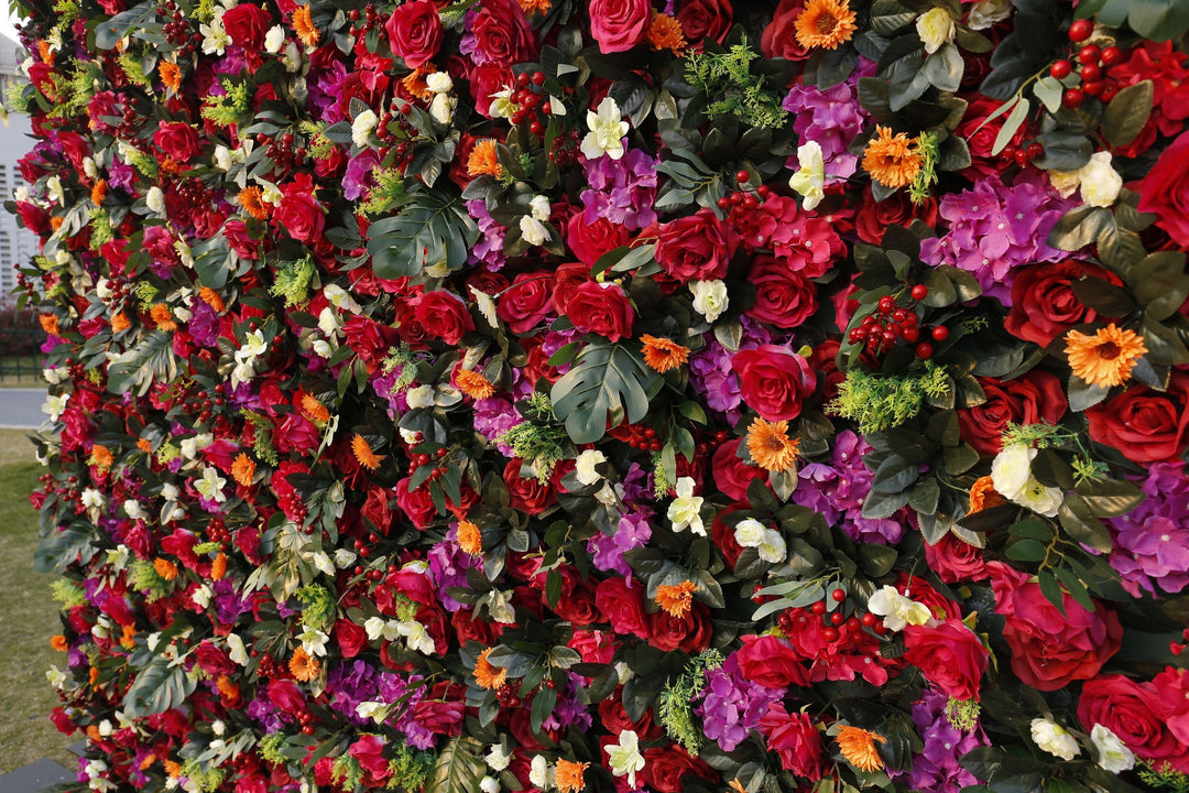 Red Rose And Green Leaf, Artificial Flower Wall, Wedding Party Backdrop