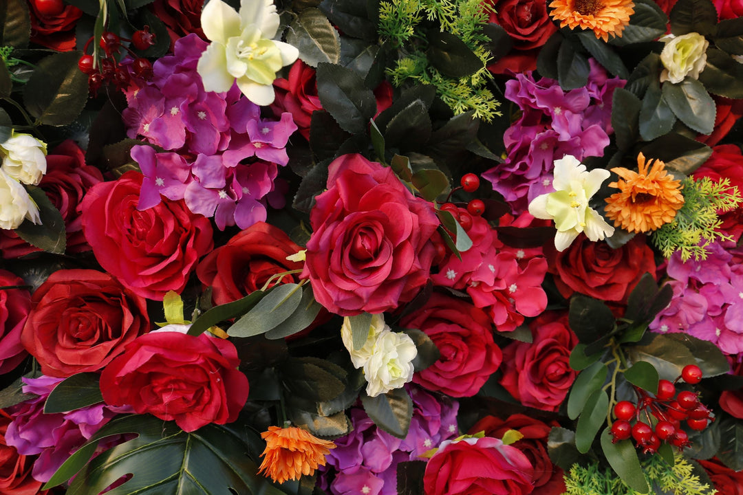 Red Rose And Green Leaf, Artificial Flower Wall, Wedding Party Backdrop