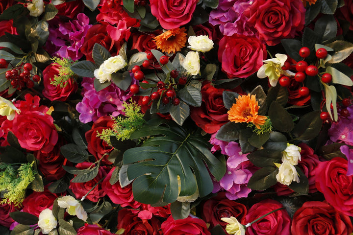 Red Rose And Green Leaf, Artificial Flower Wall, Wedding Party Backdrop