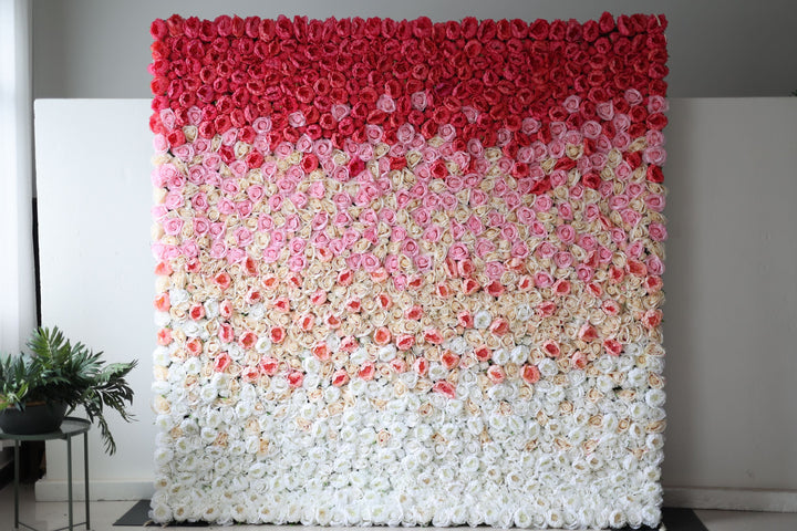 Red And Pink Peonies And Light Yellow And Pink Roses, Artificial Flower Wall Backdrop