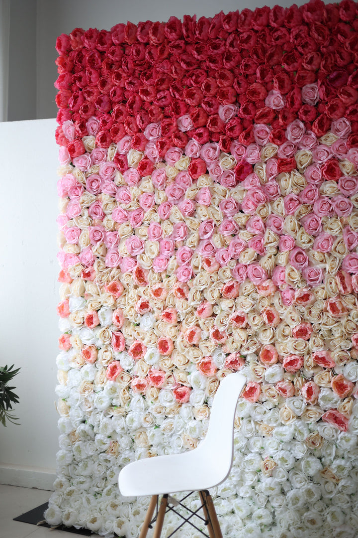 Red And Pink Peonies And Light Yellow And Pink Roses, Artificial Flower Wall Backdrop