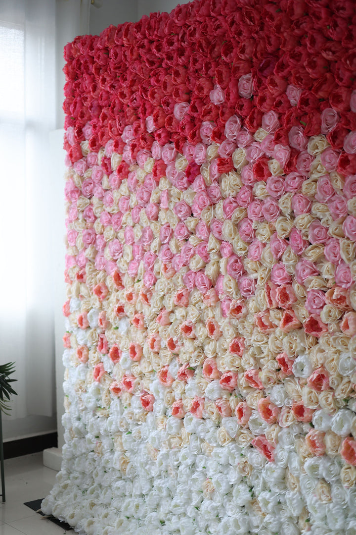 Red And Pink Peonies And Light Yellow And Pink Roses, Artificial Flower Wall Backdrop