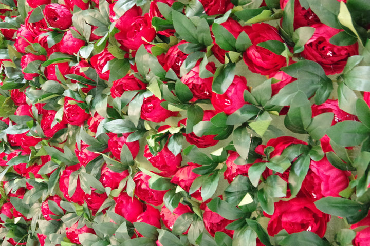 Red Peony Flowers And Green Leaves, Artificial Flower Wall Backdrop