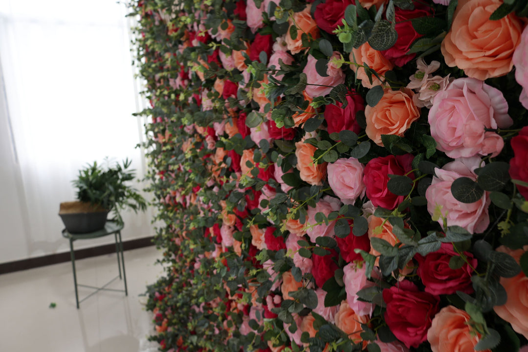 Red Pink Orange Roses And Green Leaves, Artificial Flower Wall, Wedding Party Backdrop