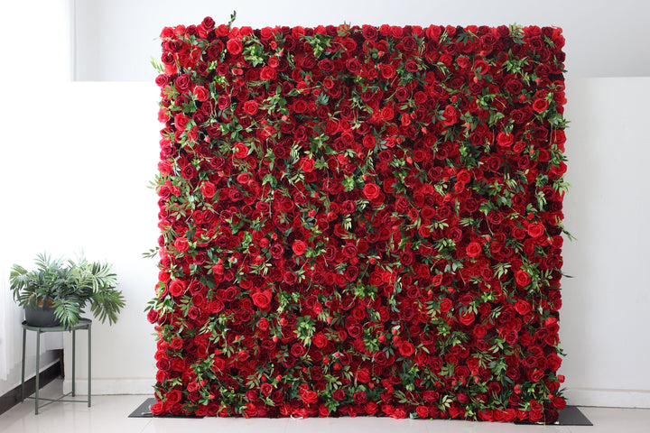 Red Roses And Green Leaves, Artificial Flower Wall, Wedding Party Backdrop