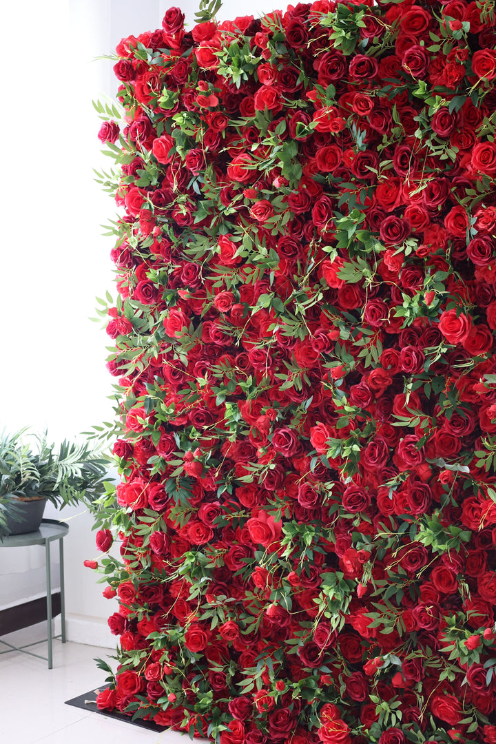 Red Roses And Green Leaves, Artificial Flower Wall, Wedding Party Backdrop