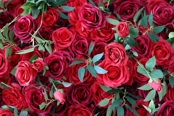 Red Roses And Green Leaves, Artificial Flower Wall, Wedding Party Backdrop