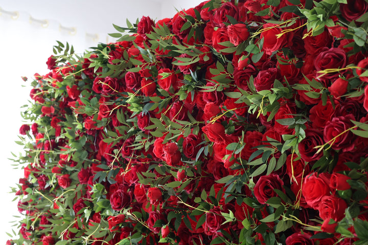 Red Roses And Green Leaves, Artificial Flower Wall, Wedding Party Backdrop