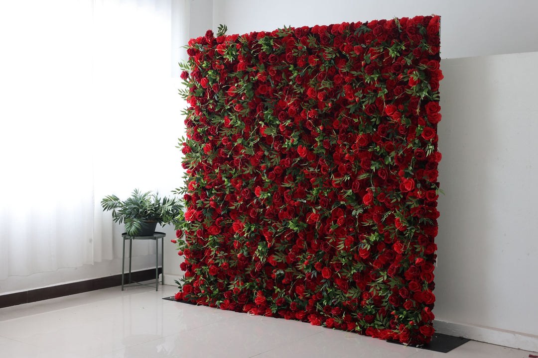 Red Roses And Green Leaves, Artificial Flower Wall, Wedding Party Backdrop