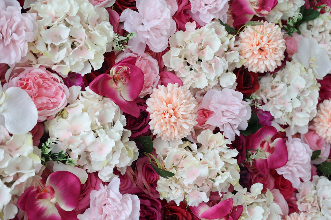 Red Roses And Pink Lasagna Daisies And Hydrangeas, Artificial Flower Wall Backdrop