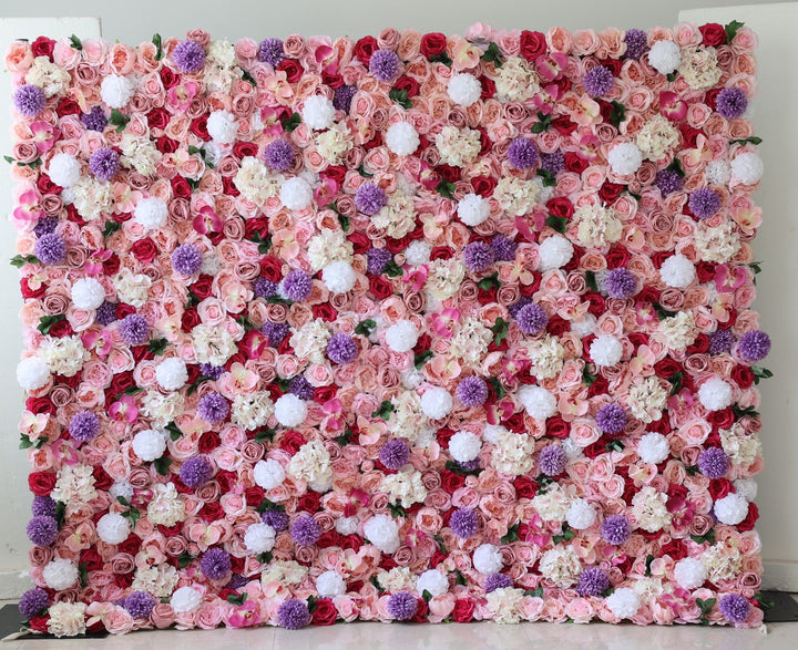 Pink Roses And Hydrangeas With Purple Millinery Daisies,Artificial Flower Wall Backdrop