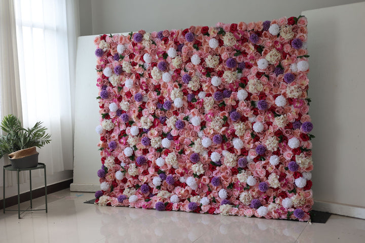 Pink Roses And Hydrangeas With Purple Millinery Daisies,Artificial Flower Wall Backdrop