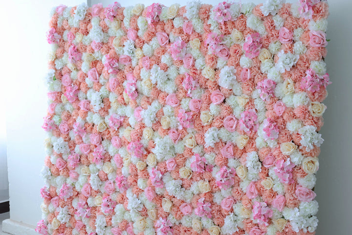 Roses And Hydrangeas In Pink And Beige, Fabric Backing Artificial Flower Wall