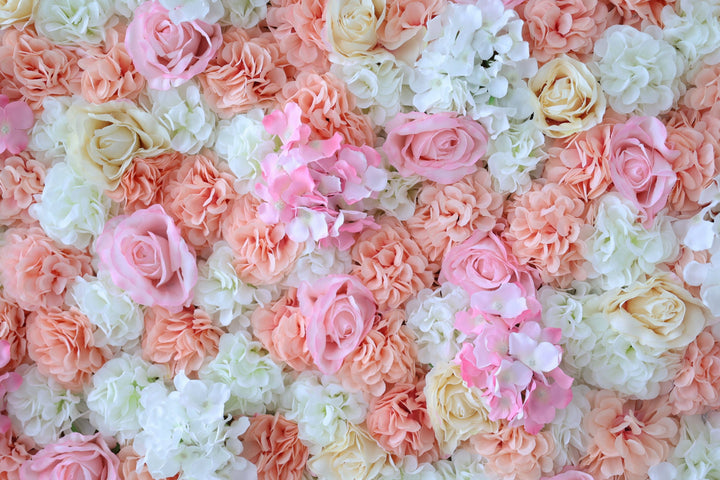 Roses And Hydrangeas In Pink And Beige, Fabric Backing Artificial Flower Wall