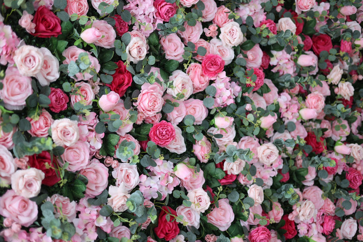 Roses Are And Pink Roses And Green Leaves, Artificial Flower Wall Backdrop