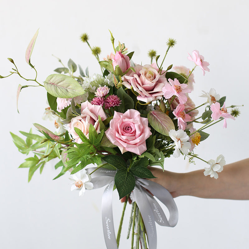 Pink Rose Wedding Bridal Bouquet Flowers, Diy Artificial Wedding Flowers