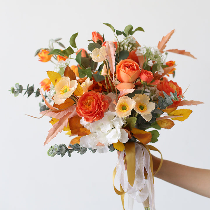 Orange Rose Wedding Bridal Bouquet Flowers, Diy Artificial Wedding Flowers