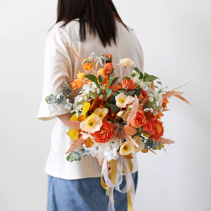 Orange Rose Wedding Bridal Bouquet Flowers, Diy Artificial Wedding Flowers