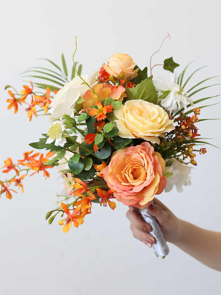 Orange Rose Wedding Bridal Bouquet Flowers, Diy Artificial Wedding Flowers