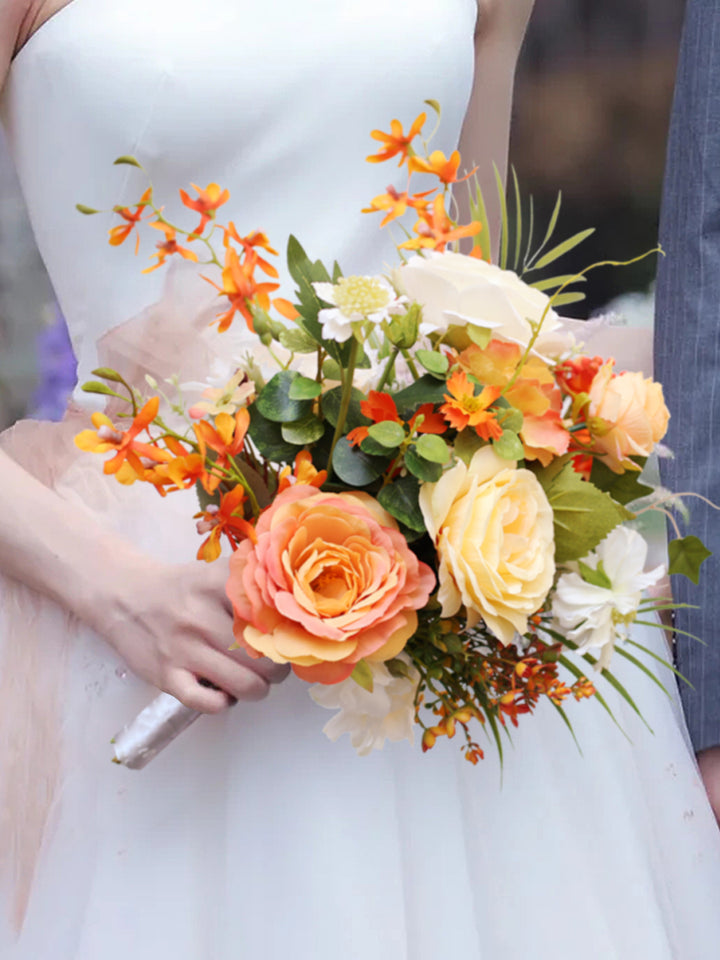 Orange Rose Wedding Bridal Bouquet Flowers, Diy Artificial Wedding Flowers