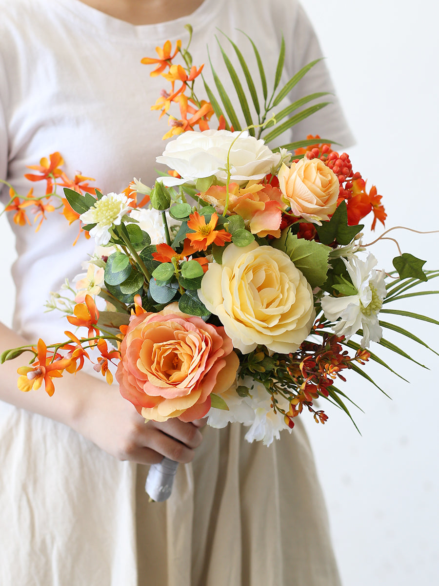 Orange Rose Wedding Bridal Bouquet Flowers, Diy Artificial Wedding Flowers