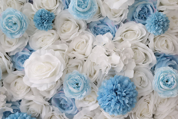 White And Blue Roses And Blue Lasagna Chrysanthemums, Artificial Flower Wall Backdrop