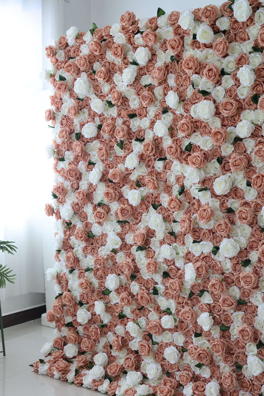 White And Pink Roses And Green Leaves, Artificial Flower Wall, Wedding Party Backdrop